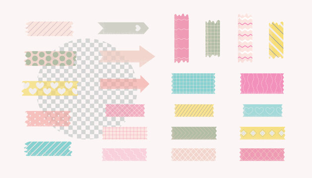 Cute simple washi tape, scotch paper stickers for scrapbooking of japanese style decorated of line, dots, waves