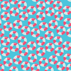 Swimming ring lifebuoy seamless pattern. Colored striped rings repeat on blue background. Vector illustration.
