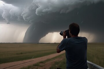 storm chaser in the eye of a tornado, experiencing its power and fury firsthand, created with generative ai