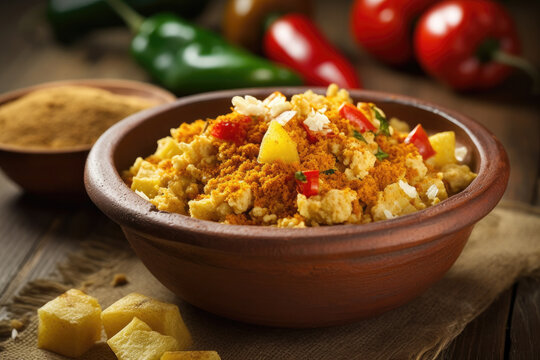 A bowl with migas on wooden table, a traditional dish in the spanish cuisine made with breadcrumbs. Ai generative