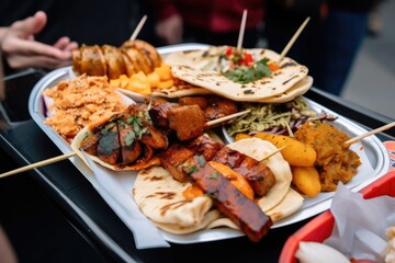 plate of street food from different cultures, including bbq skewers and tacos, created with generative ai
