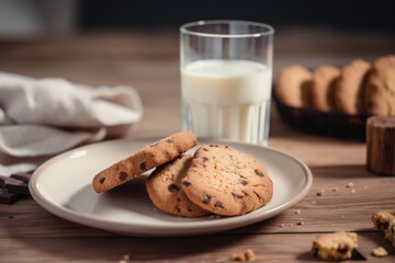 plate of cookies and biscotti with glass of milk for dipping, created with generative ai