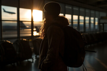 Airport, travel and lovely girl waiting for flight, departure transport. International plane, lobby, silhouette of young girl with backpack at airport terminal at sunrise or sunset time. Generative AI