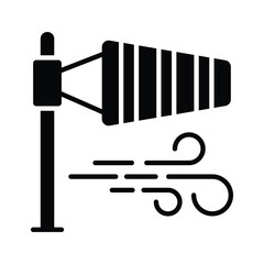 A cone mounted on a mast showcasing windsock icon, Getting weather forecasting tool, editable icon of windbag