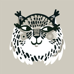 Cute lynx portrait with decorative abstract elements in monochrome