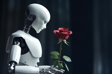 White AI humanoid robot is keeping flowers, futuristic concept background. AI generated.