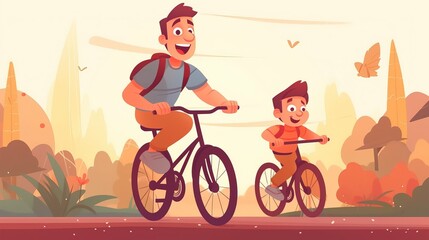 A father teaching his son how to ride a bicycle. Fatherhood, life lessons and growth concept. Generative AI.