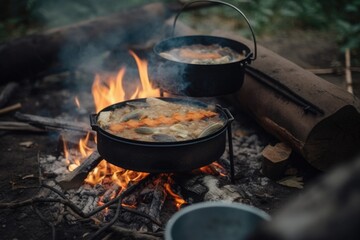 campfire cook with portable stove, preparing hot and delicious meal for hungry campers, created with generative ai