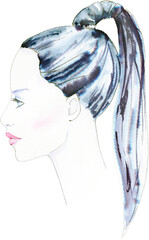 Watercolor beautiful girl profile portrait, handpainted. Beauty salon. Cosmetic makeup face. Female elegant drawing.  