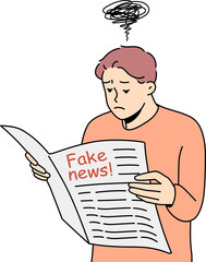 Confused man doubtful about disinformation in newspaper