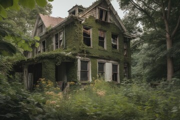 abandoned house with peeling paint and broken windows, surrounded by overgrown gardens, created with generative ai
