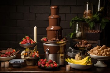 chocolate fountain with a variety of chocolate treats, including fruits and marshmallows, for dipping, created with generative ai