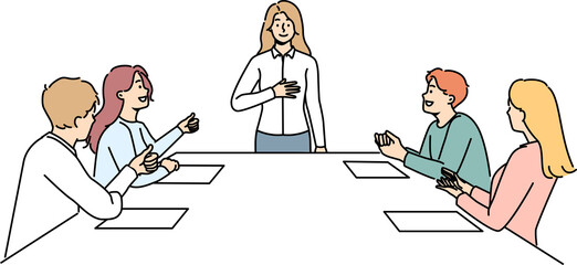Smiling employee applaud businesswoman at office presentation