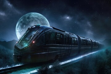 Fototapeta na wymiar futuristic train, with alien passengers speeding through the starry night sky, created with generative ai
