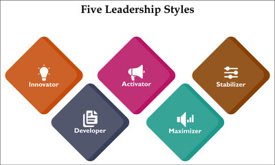 Five Leadership styles - Innovator, developer, activator, maximizer, stabilizer. Infographic template with icons