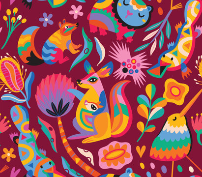 Seamless pattern with abstract Australian animals, flowers and leaves. Vector illustration © penguin_house