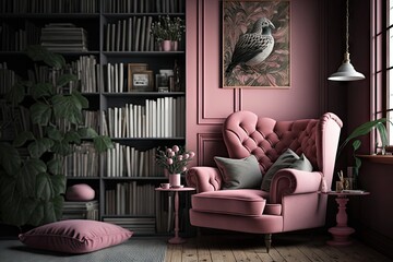 pink armchair in cozy living room, surrounded by bookshelves and warm decor, created with generative ai