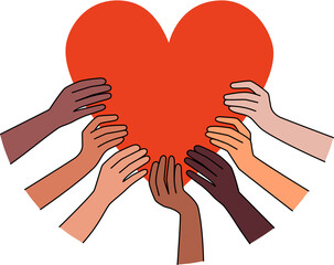 Diverse hands hold huge heart share love
