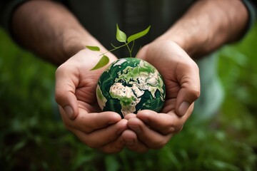 man, hands and green earth on nature conservation to eco sustainability, created with generative ai