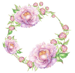 Pink peony flowers frame for Wedding invitation. Luxurious trendy design card. Watercolor hand painting floral wreath with empty space for your text.