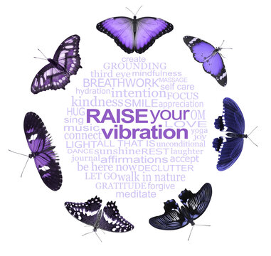 Spiritual Words to Raise Your Vibration purple butterfly Wall Art - a perfect circular word cloud relevant to spirituality and raising your vibration surrounded by seven purple butterflies