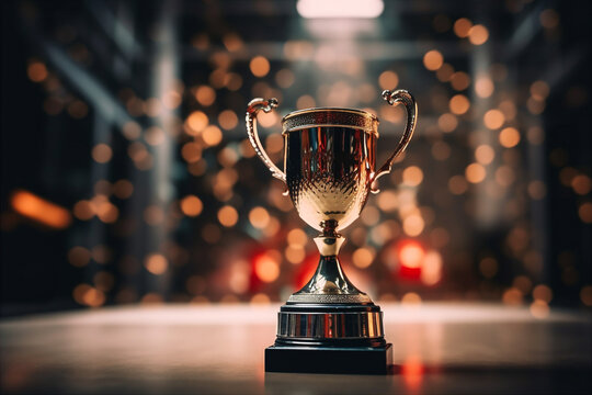 Winner trophy cup at studio illuminated by bright light with blurred background. AI generated