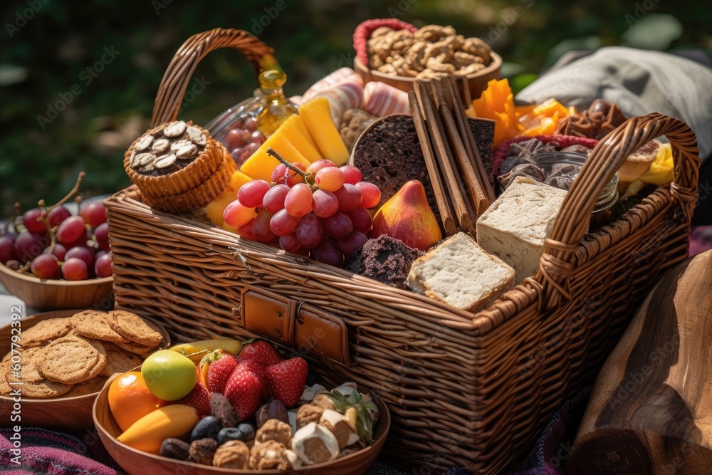 Poster picnic basket overflowing with delicious treats and snacks, created with generative ai