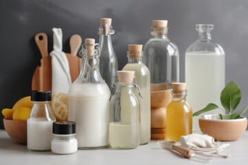 homemade cleaning products in various bottles and containers, created with generative ai