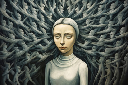 Abstract illustration of a woman suffering schizophrenia mental disorder. Concept artwork, generative AI.