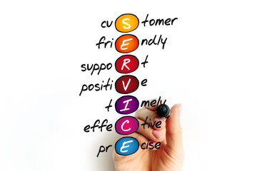 SERVICE - Customer, Friendly, Support, Positive, Timely, Effective, Precise acronym, business...