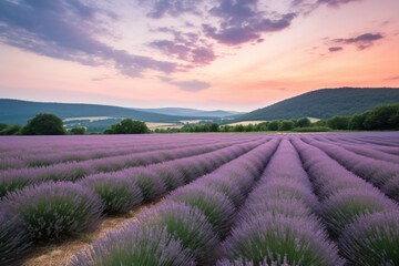 Naklejka na ściany i meble lavender field, with rolling hills and pastel sky in the background, created with generative ai
