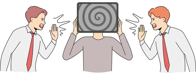 Men screaming information to overwhelmed person