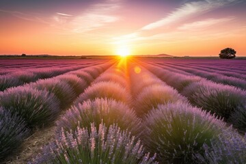 Fototapeta na wymiar lavender field with sun setting behind the horizon, creating a breathtaking view, created with generative ai
