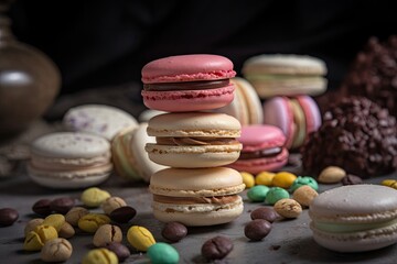 Obraz na płótnie Canvas meringue macaron, with fillings of different flavors and colors, created with generative ai