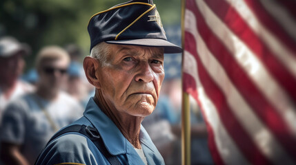 Obraz premium Senior veteran holding USA flag, 4th July independence day memorial. Generative AI