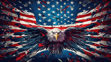 The national symbol of the USA. Eagle flying with USA flag in the background. Digital art, Generative AI