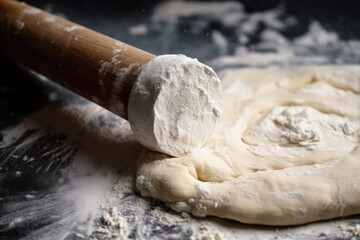 close-up of dough, with flour dusting and rolling pin visible, created with generative ai