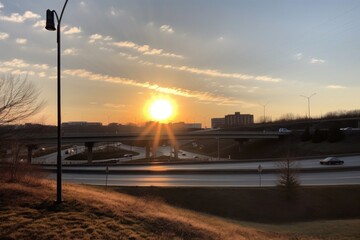 park, with view of cars driving past on nearby highway, and rising sun in the background, created with generative ai