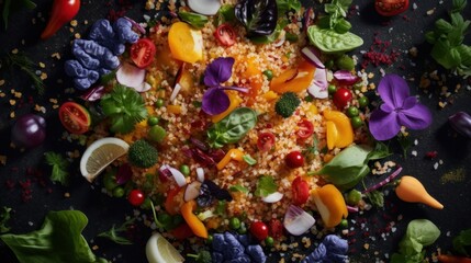 Fototapeta na wymiar bulgur wheat cooked in a vibrant and colorful salad, surrounded by fresh vegetables and herbs