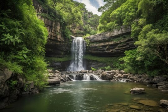 majestic waterfalls surrounded by lush greenery in the wilderness, created with generative ai