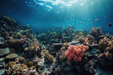 close-up of coral reef, with fish and other marine life swimming among the colorful corals, created with generative ai