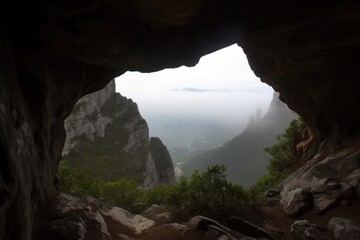 mountain cave, with view of the valley below, surrounded by misty mountains, created with generative ai