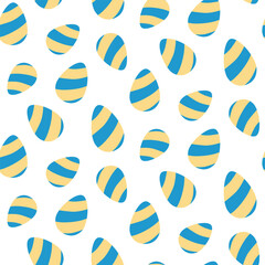 Festive Easter pattern with chocolate blue and yellow eggs scattered over a white background