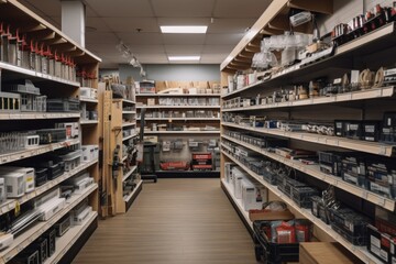a home improvement store, with shelves stocked with tools and supplies, created with generative ai