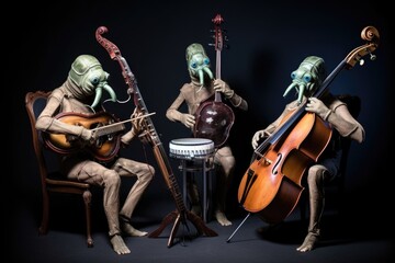Fototapeta premium three aliens playing musical instruments and performing in a musical trio, created with generative ai