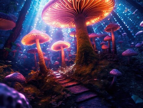 colourful and vivid magic mushroom forest, generative ai