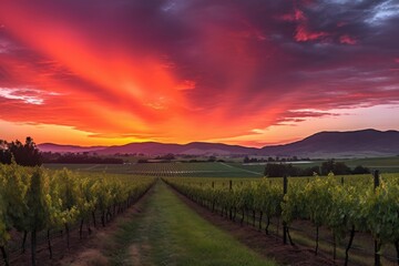 Fototapeta na wymiar vibrant sunset over vineyard, with rolling hills and mountains in the background, created with generative ai