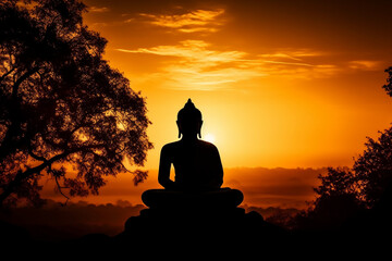 Shape of statue of Buddha in sunset or sunrise time. Zen spiritual ritual meditating white face of brown Buddha, dark background. Spiritual calmness and awakening. Religion concept. Generative AI.