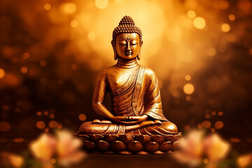 Statue of Buddha in gold colour with lotus. Zen spiritual ritual meditating white face of brown Buddha, dark background. Spiritual calmness and awakening. Religion concept, esoterics. Generative AI.