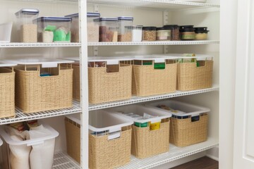 person, organizing and decluttering kitchen pantry, with baskets and bins for easy access, created with generative ai